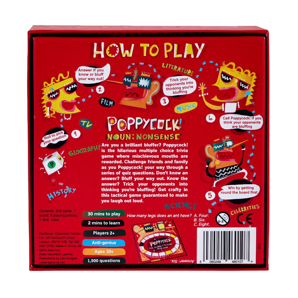 Back of a board game box titled 'Poppycock' with colourful illustrations and text.