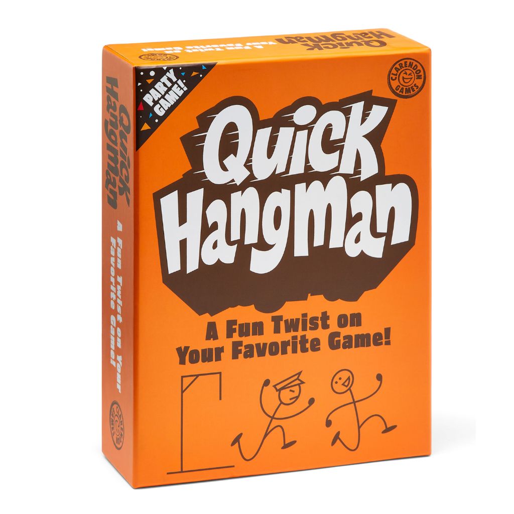 Orange box of Quick Hangman game with cartoon illustrations on a white background