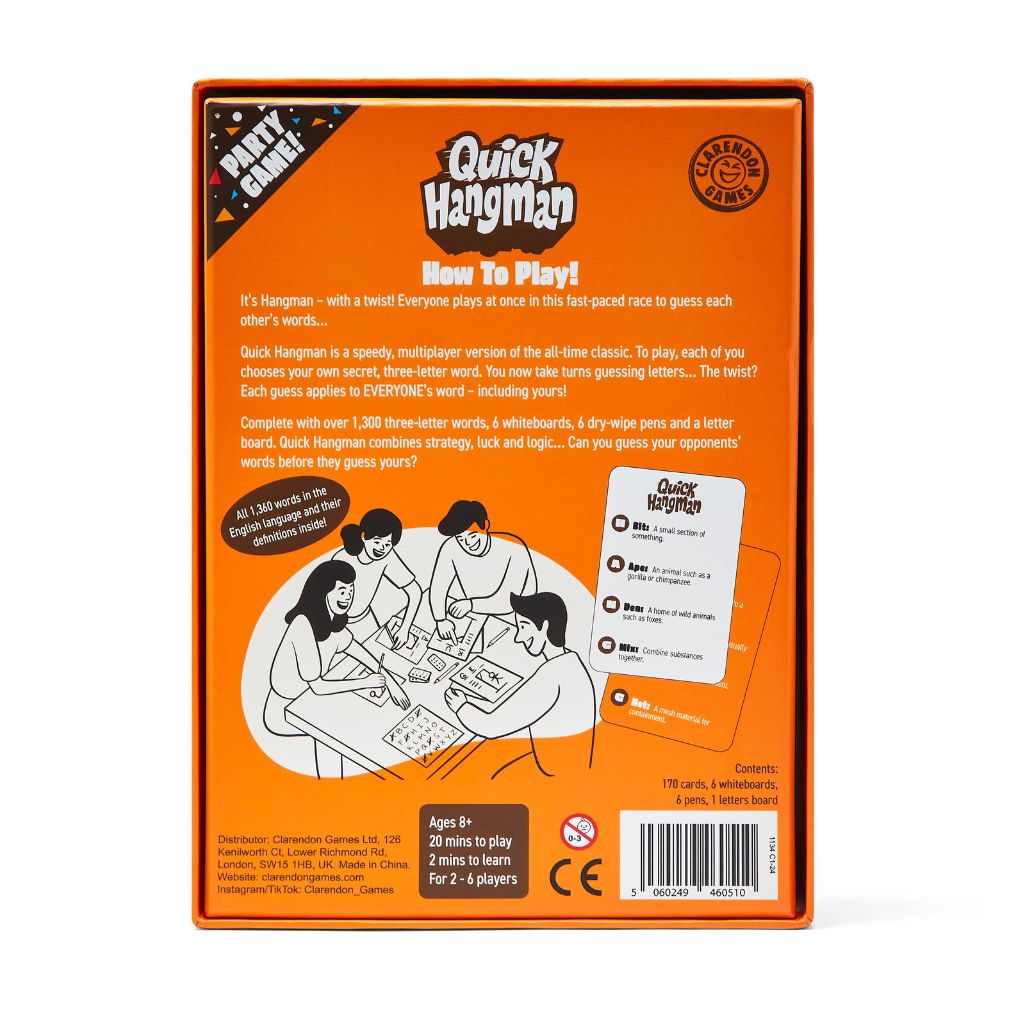 Orange box of Quick Hangman game with text and illustrations on a white background