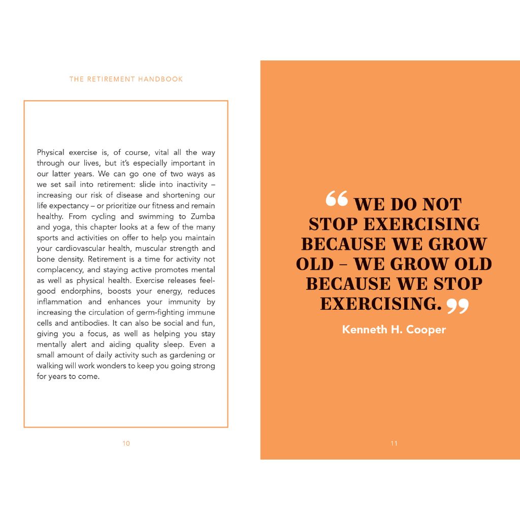 Book page with text and a quote on an orange background