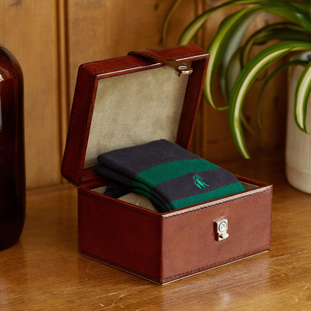 Green and navy striped socks in a leather keepsake box - box can be personalised