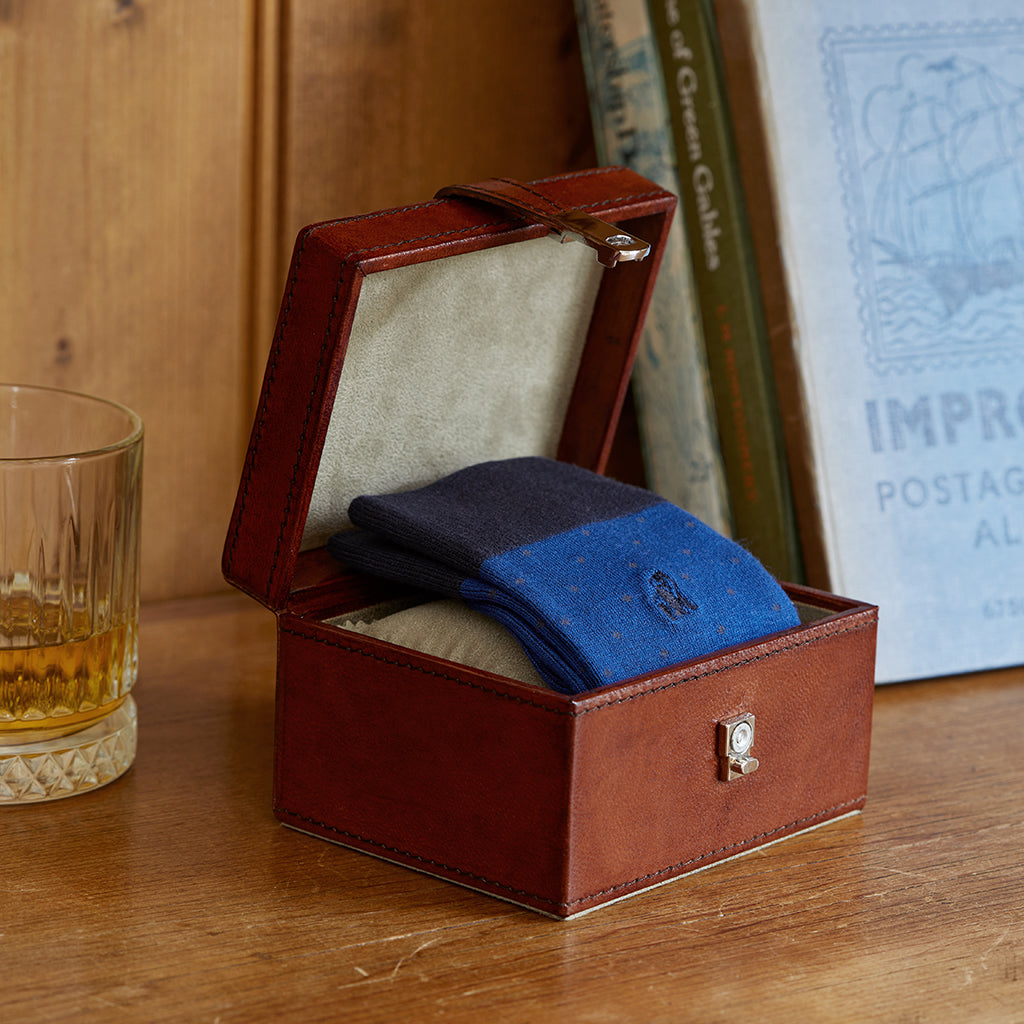 Blue spotte  socks in a leather keepsake box - box can be personalised