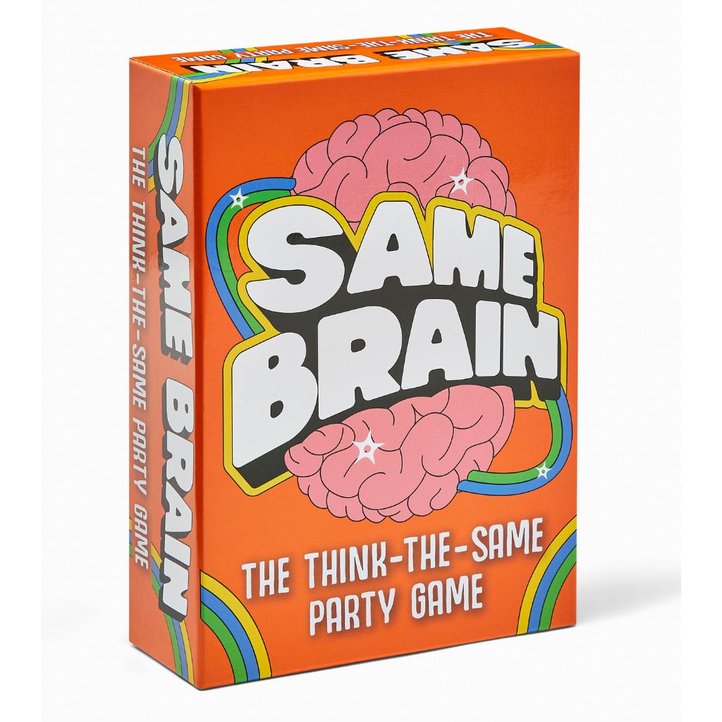Box of 'Same Brain' party game with colourful design and brain illustration.