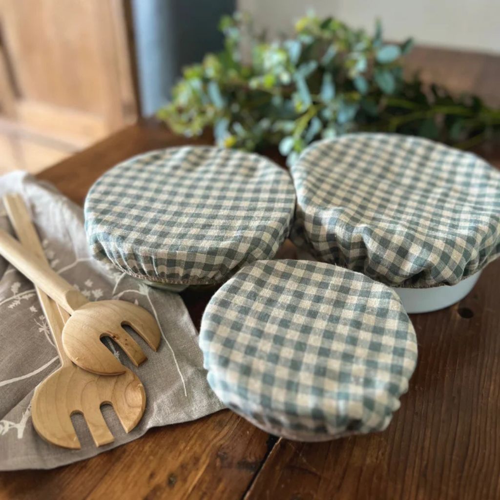 Set of Three Bowl Covers- Sea Green Check