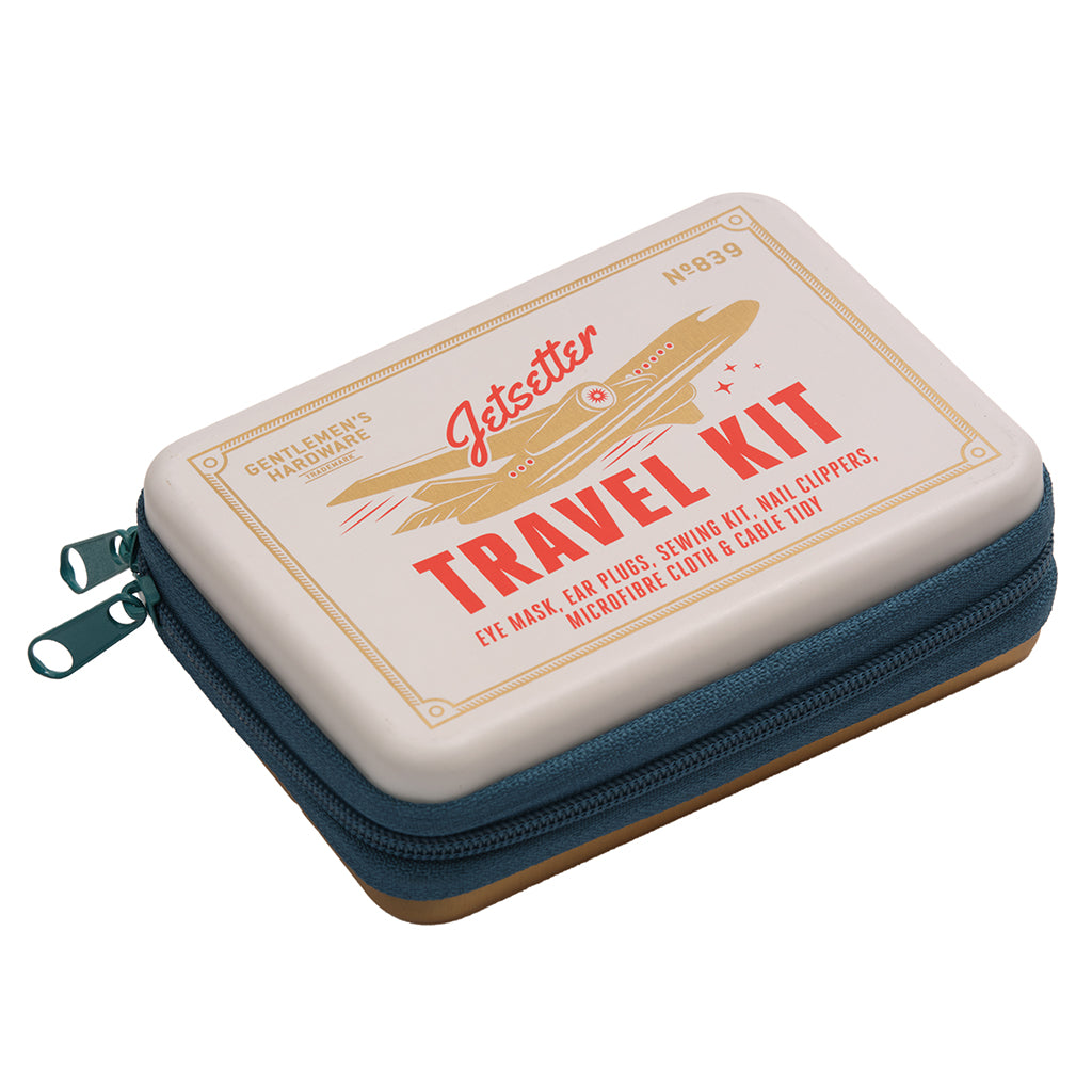 Travel kit with 'Jetsetter' branding on a white background