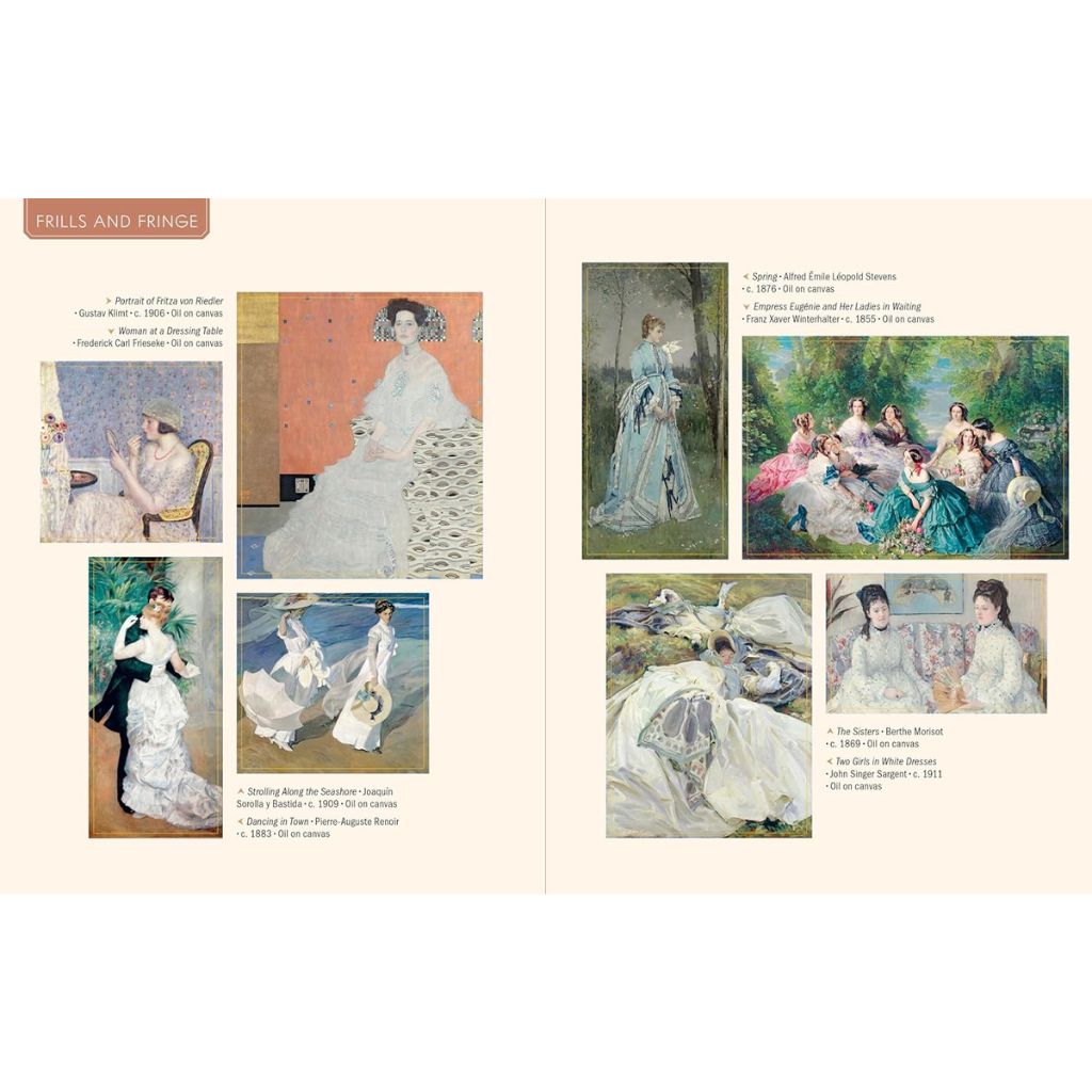 Collage of classical paintings featuring women in elegant attire on a beige background.