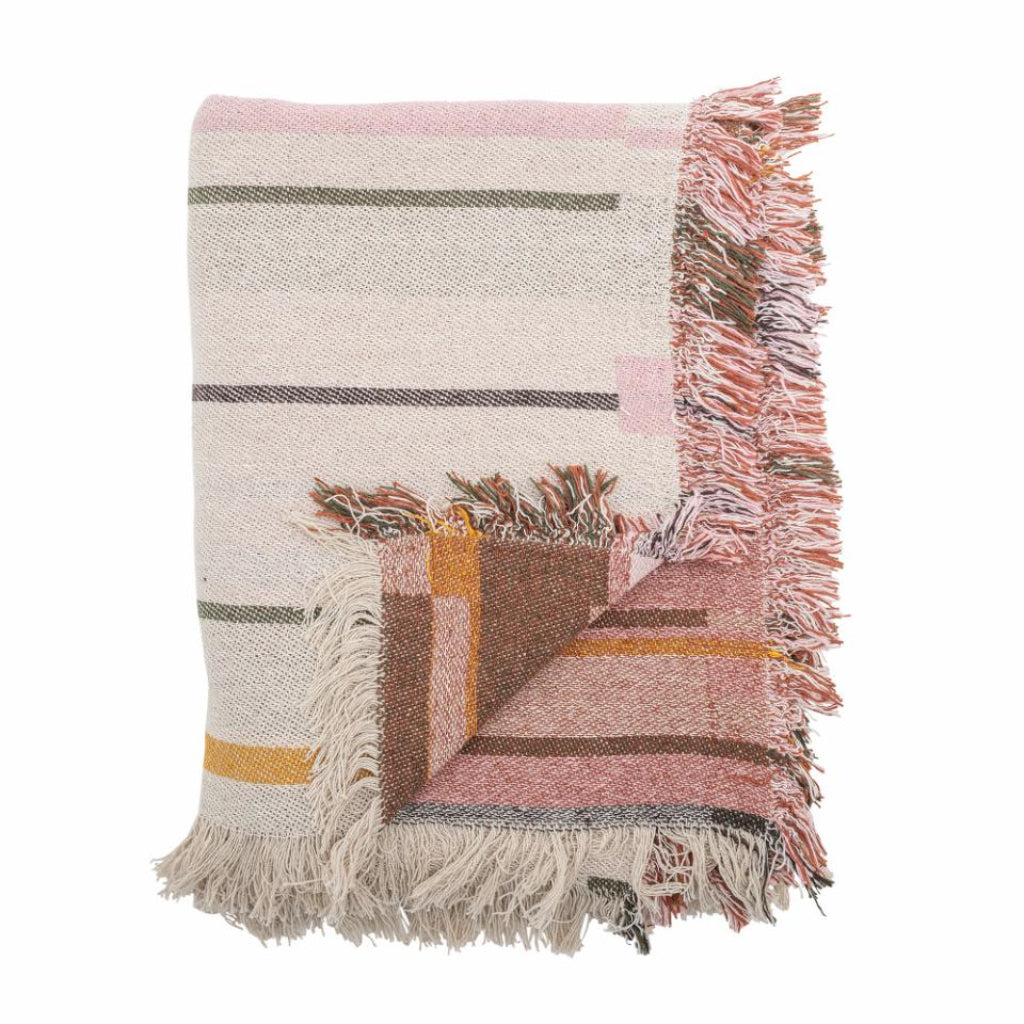 Textured blanket with fringes and colourful pattern on a white background