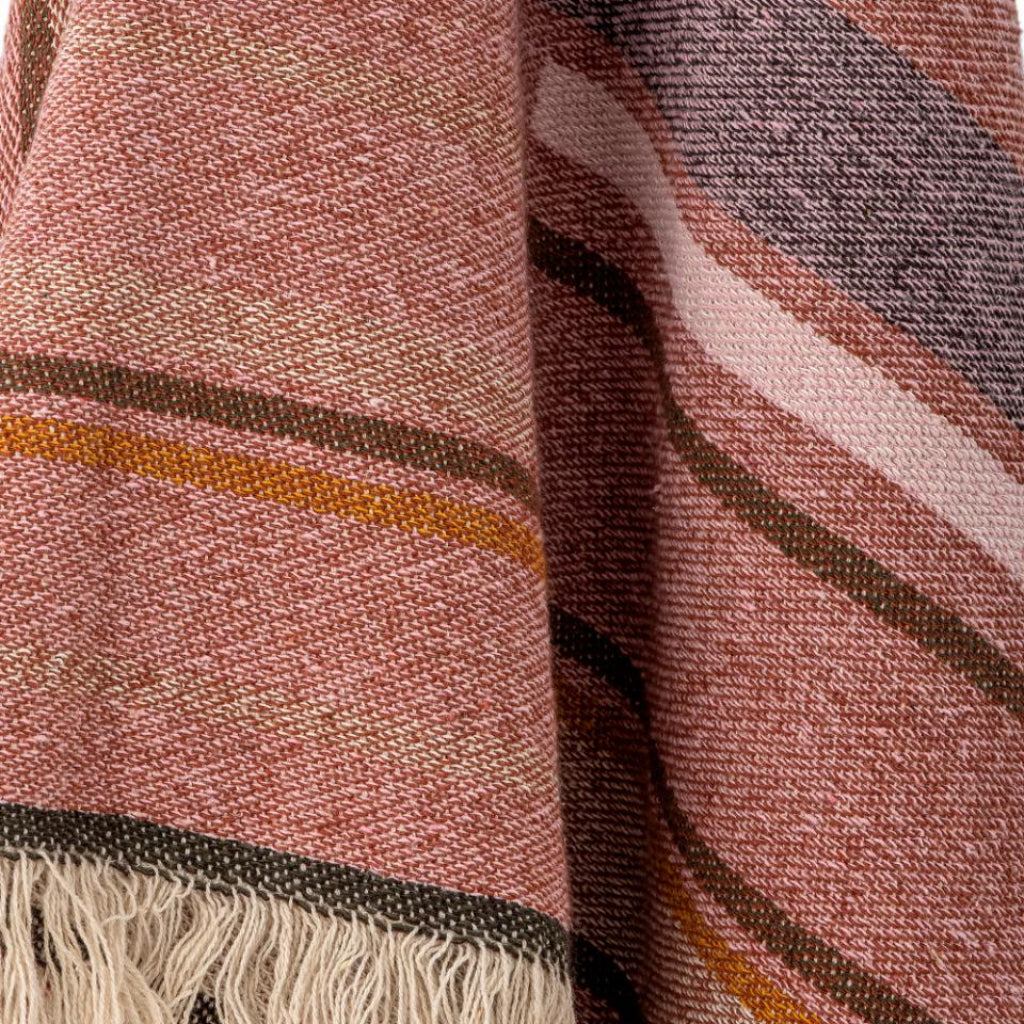 Close-up of a textured fabric with brown, pink, and beige colors.