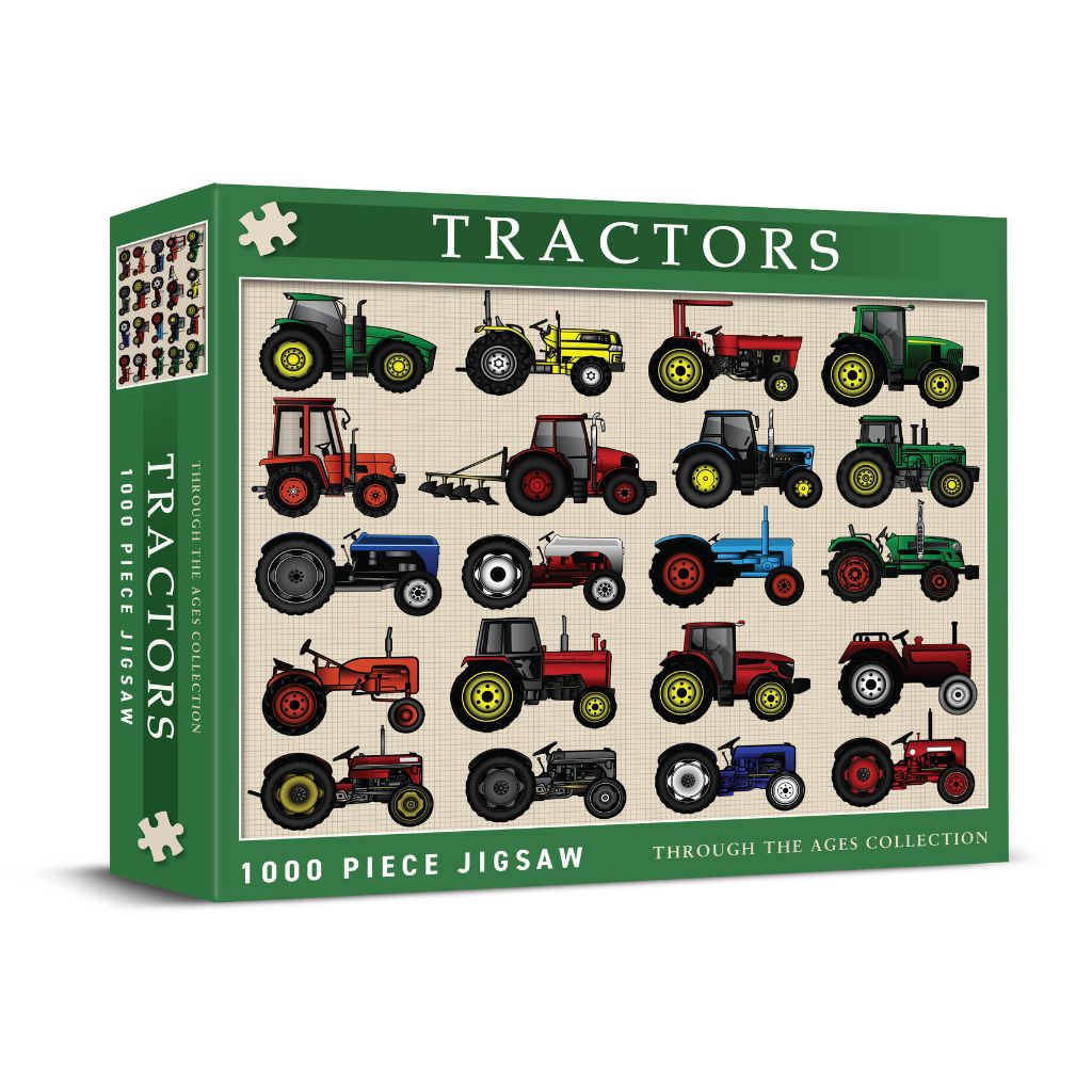 Jigsaw puzzle box featuring images of tractors on a beige background with green border