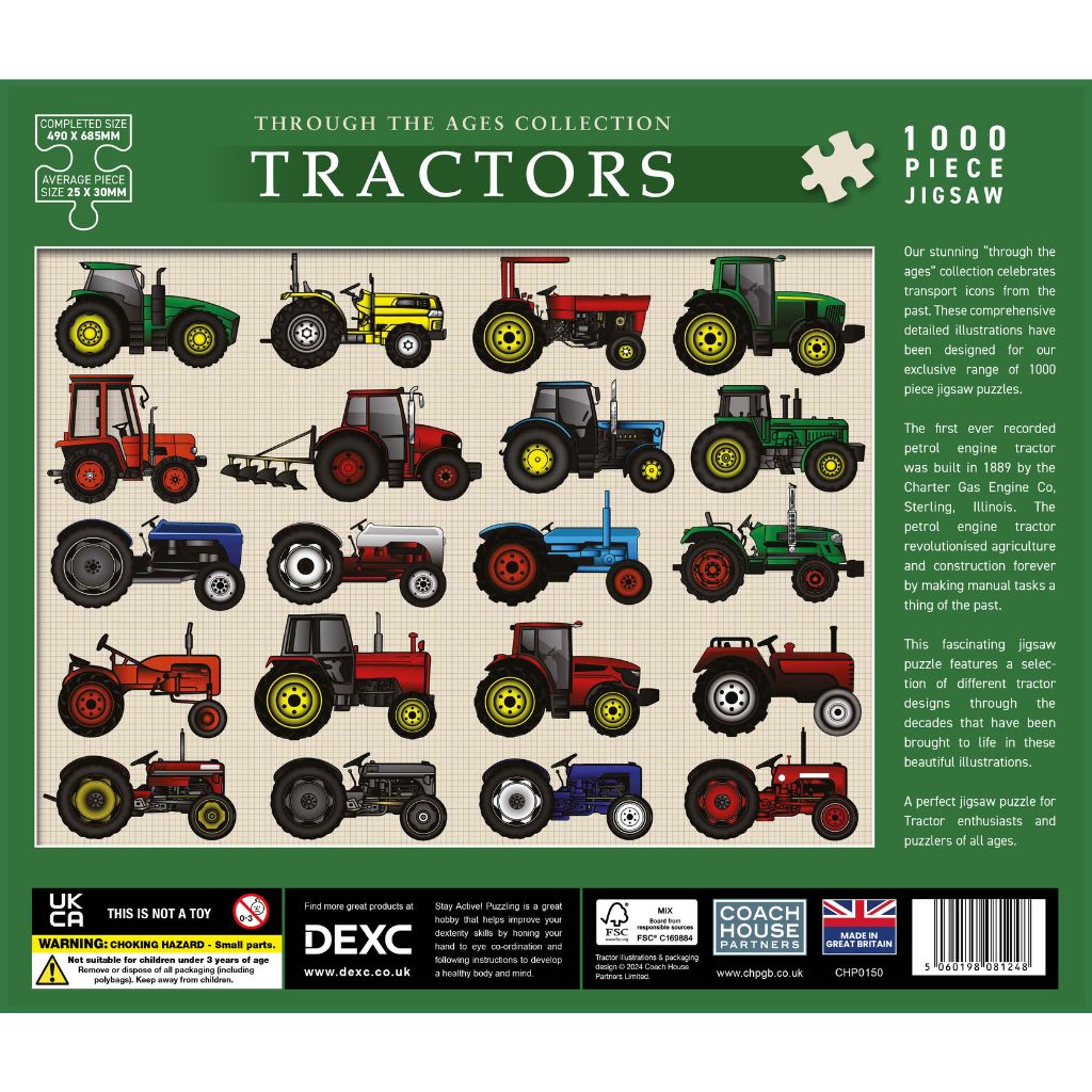 Jigsaw puzzle packaging featuring illustrations of tractors with branding and product details.