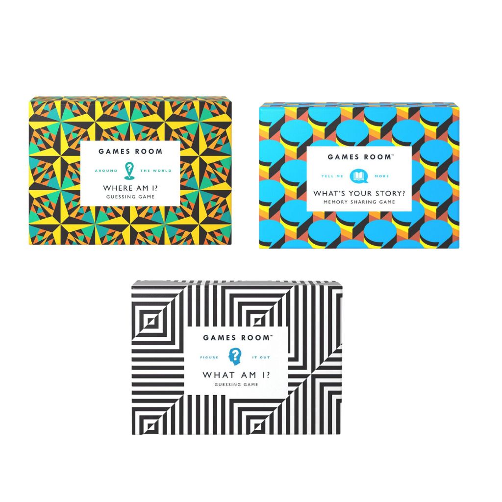 Three card game boxes with geometric patterns and 'Games Room' branding on a white background.