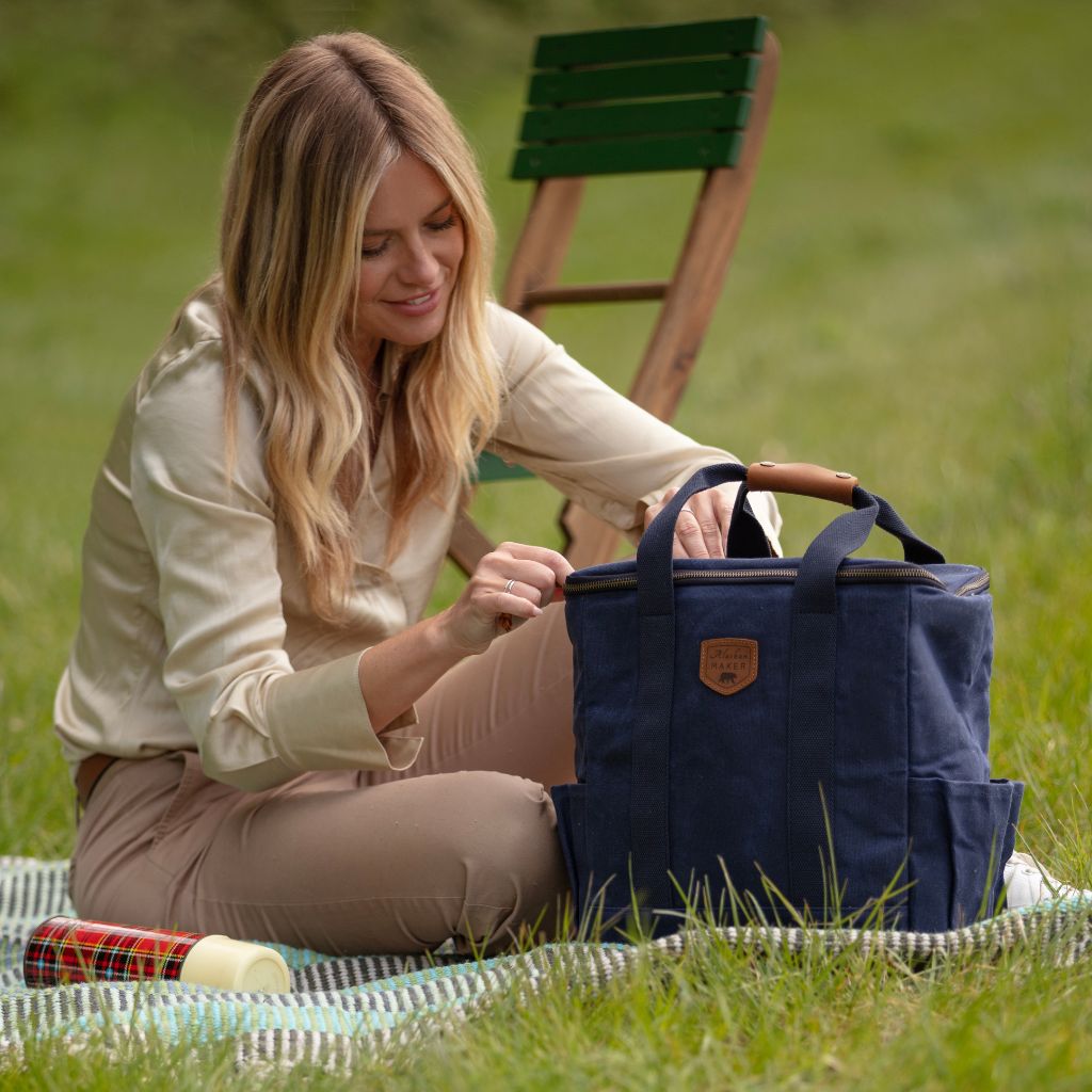 Navy Blue Waxed Canvas Cool Bag - Insulated For Hot Food Too
