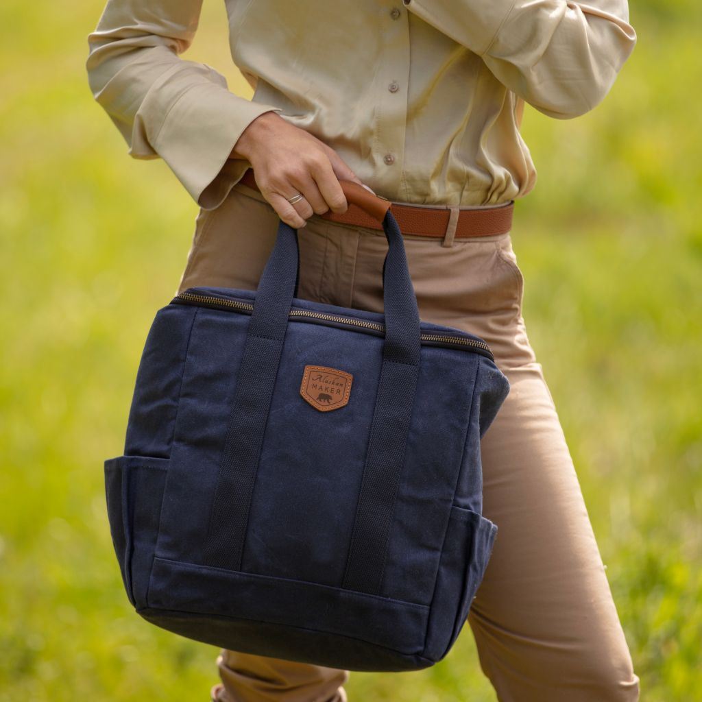 Navy Blue Waxed Canvas Cool Bag - Insulated For Hot Food Too