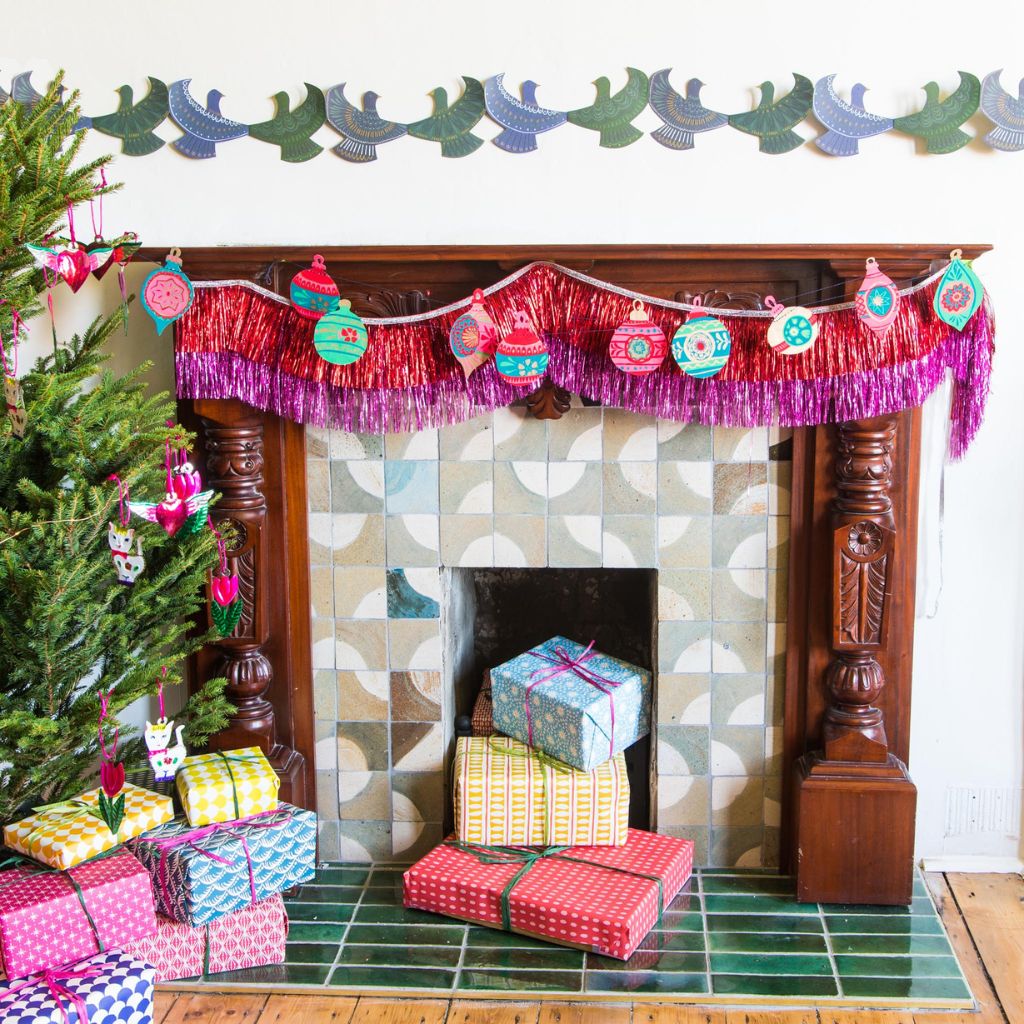 bauble garland on fireplace