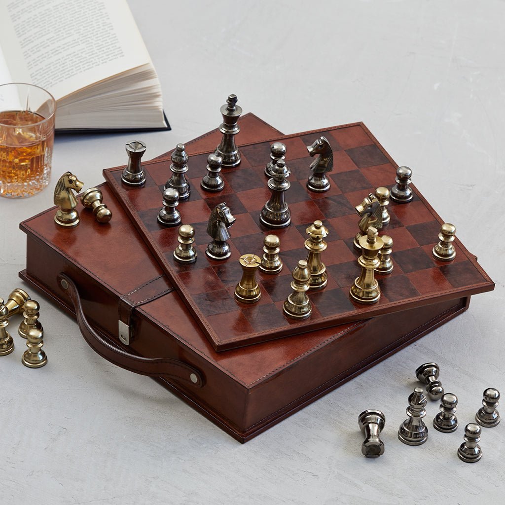 Leather Handcrafted Chess Board, Case & Pieces - Life of Riley