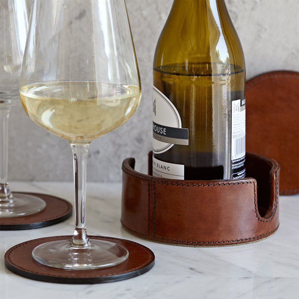 Leather Wine Bottle Coaster With Six Leather Coasters - Life of Riley