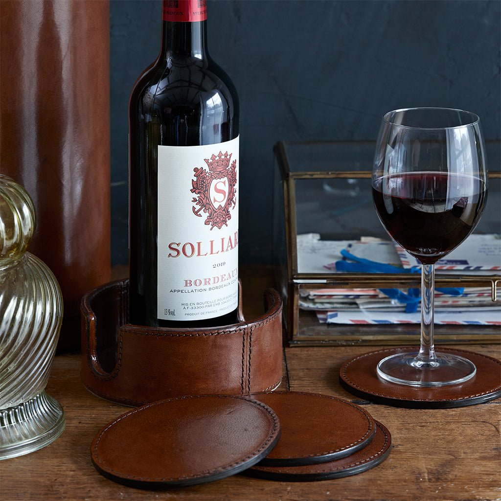 Leather Wine Bottle Coaster With Six Leather Coasters - Life of Riley