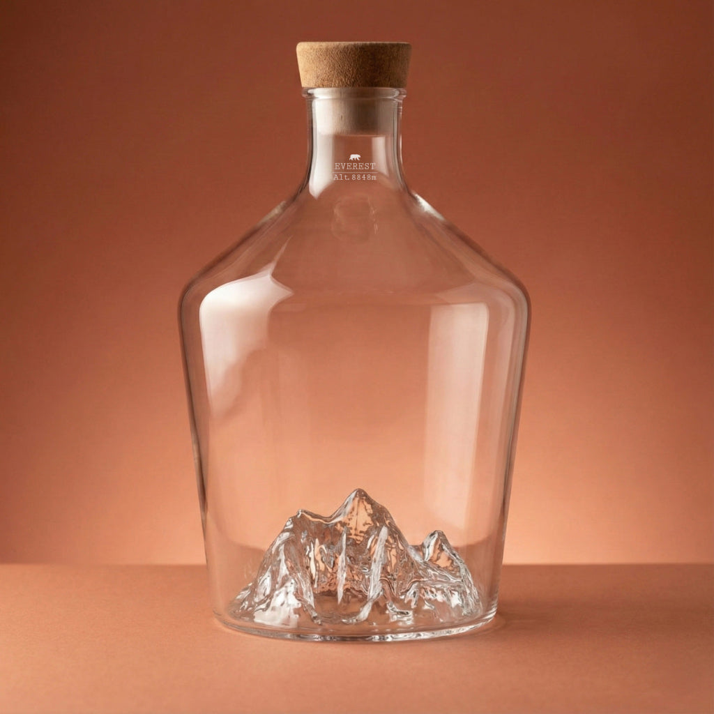 Decanter with mountain design and cork stopper on a brown background