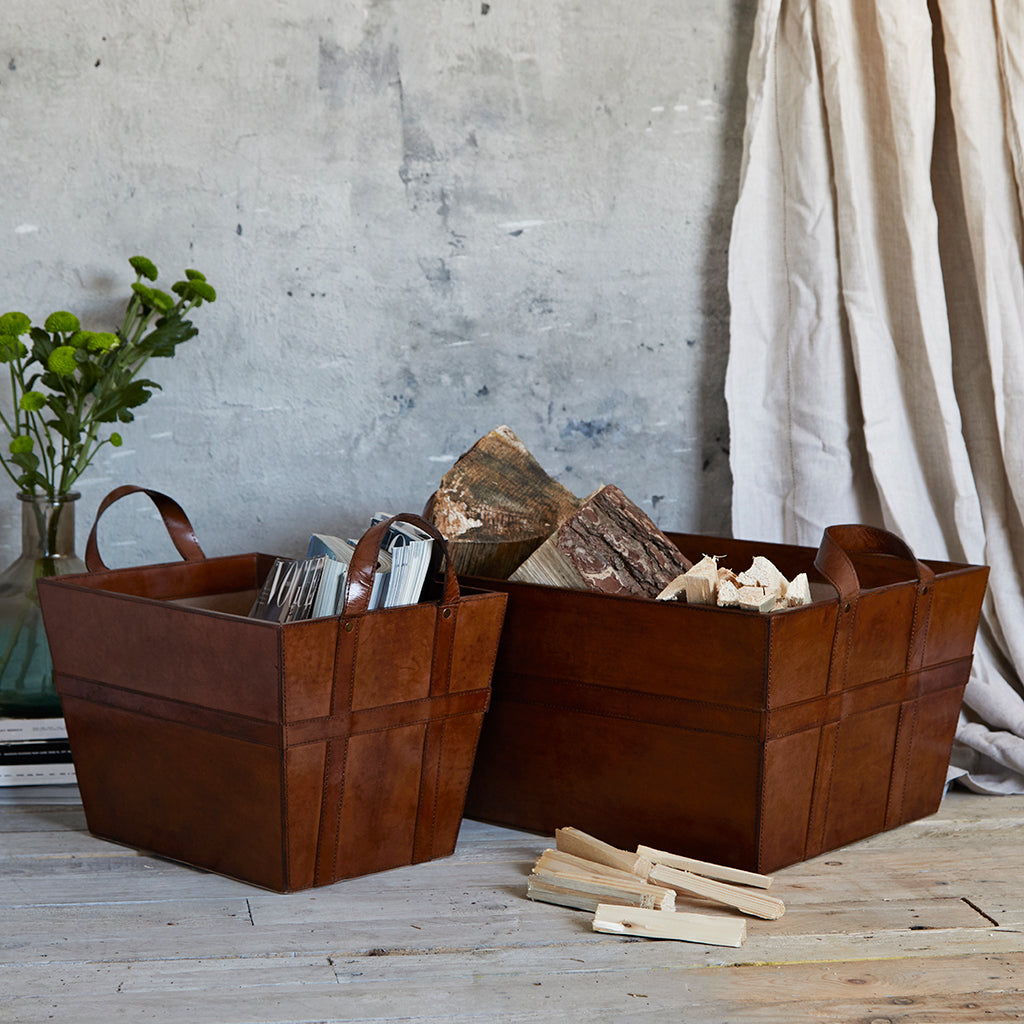 Leather log basket with handles with matching magazine basket